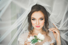 Beautiful Bride Wearing Fashion Wedding Dress With Feathers With Luxury Delight Make-up And Hairstyle, Studio Indoor Photo Shoot