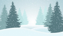 Vector Illustration Of Winter Forest With Snow And Mist, Suitable As Greeting Card