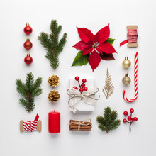 Christmas Composition Made Of Christmas Decoration On White Background. Flat Lay, Top View.