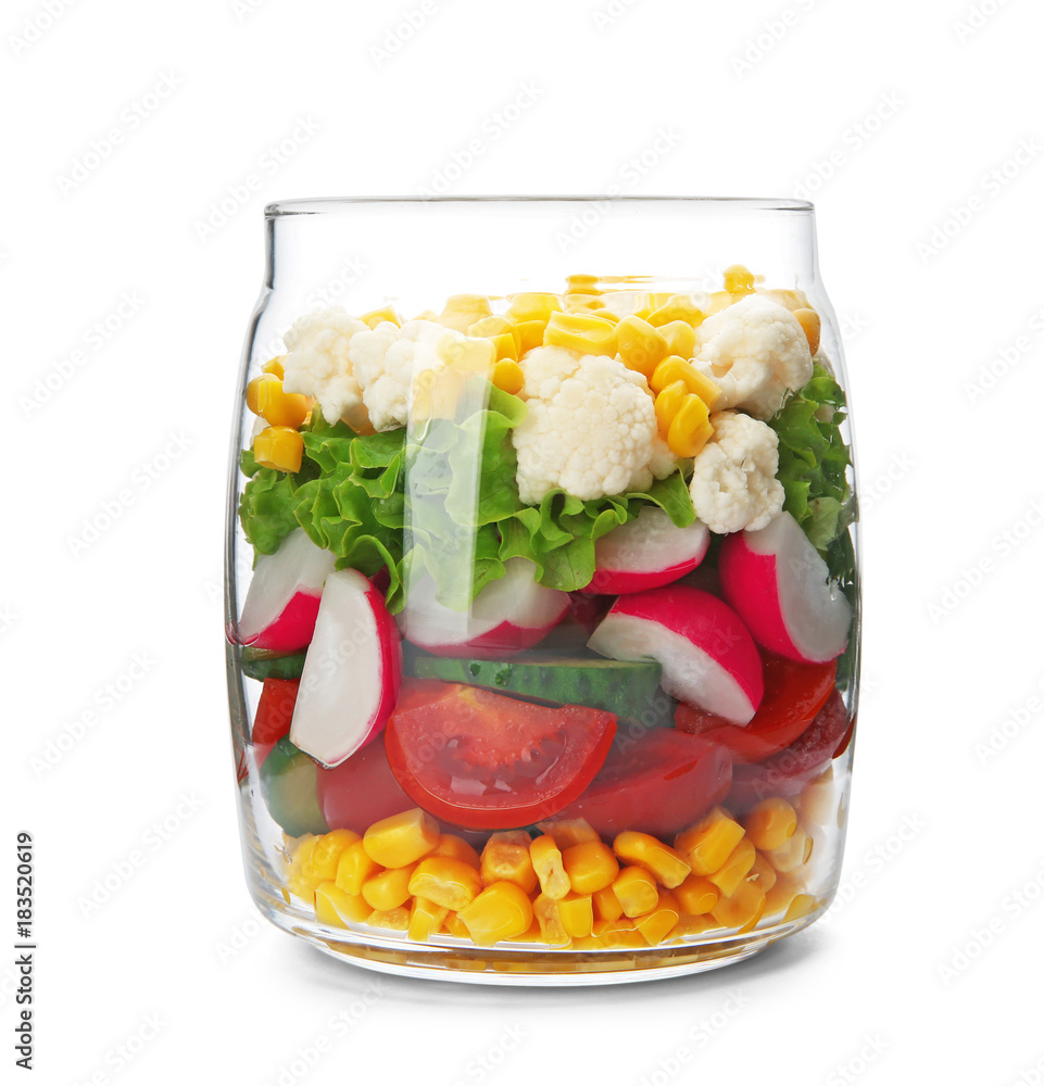 Delicious vegetable salad in jar on white background
