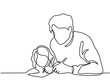 Continuous Line Art Drawing. Father And Small Daughter Writing Letter To Santa Together. Vector Illustration