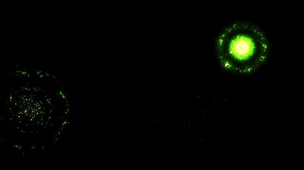 Wall Mural - Several green abstract shock wave explosions randomly blasting on the field. Shockwave blasts have different size and position on the black background, creating sparkling particle blast.
