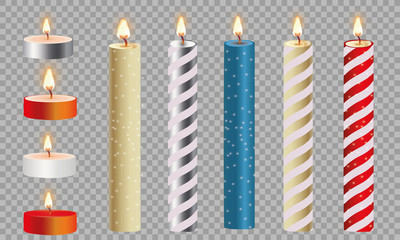 3d set realistic paraffin candles isolated on transparent background. Vector illustration