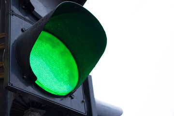 Black traffic light. Green light. Close-up.