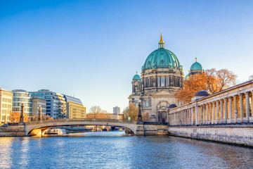 Berlin Cathedral (Berliner Dom) and Museum Island (Museumsinsel) reflected in Spree River, Berlin, Germany, Europe.