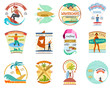 © Vectorwonderland - Surfing school vector set surfboard wakeboard windsurfing emblems surf badges labels and surfer wave water sport logo illustration isolated on white background