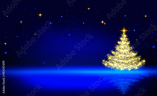 Golden Christmas tree and blue star sky. Poster Mural XXL