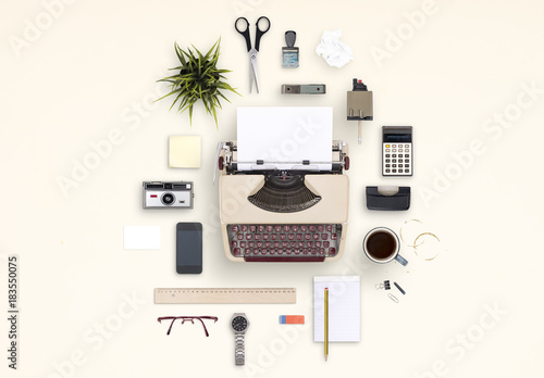 Vintage Typewriter And Desk Accessories Mockup Scene Creator