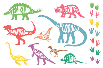 Set of colorful isolated dinosaurs with lettering and footprints. Vector illustration.