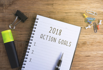 Wall Mural - 2018 Action Goals on Notepad with Cup of Coffee and Office Supplies.