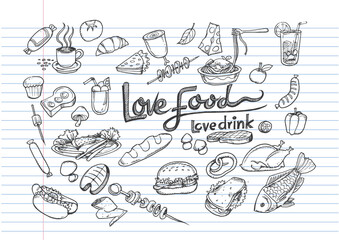 Love food Love drink concept on lined notebook paper,Poster with hand drawn food doodles