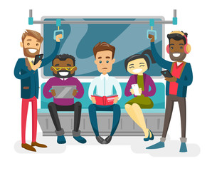 Poster - Multiracial people with paper book, smartphones, tablet computer traveling by metro. Group of young African-american, Cacasian, Asian passengers in the metro. Vector isolated cartoon illustration.