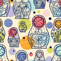 Wall Mural - Matryoshka and polka dots. Cute babushka.Seamless pattern can be used for wallpaper, pattern fills, web page background, surface textures.