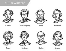 Famous Children Writers, Vector Portraits, Carroll, Saint-Exupery, Verne, Andersen, Twain, Lindgren, Kipling, Jansson