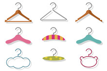 Fashion And Baby Clothes Hanger Vector Cartoon Flat Icon Set Isolated On A White Background.