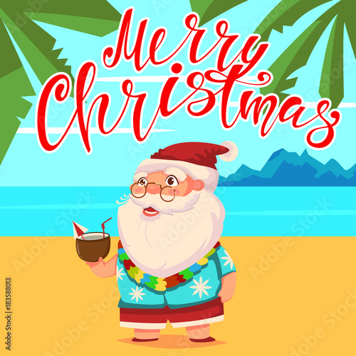Summer Santa Claus On The Beach With Palm Trees In Shorts
