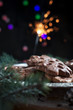 © Olena - gingerbread cookies for the new year on a silver tray, New Year's lights, fireworks, fur-tree, cones, cinnamon on a wooden cutting board on a dark background