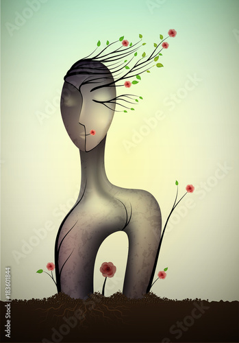 Spring Unknown Soul Surrealistic Woman Statue Woman Shape Abstract Idea With Red Rose Growing Woman Happy Dream Icon Concept Stock Vector Adobe Stock
