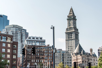 View of the historic Custom House skyscraper clock tower in skyline of Boston Massachusetts USA