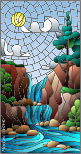 ilustracja-w-stylu-witrazu-krajobraz-drzewo-na-tle-wodospadu-gory-slonce-i