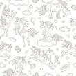 © Zagory - Seamless pattern with funny cartoon unicorns, hearts and stars contour icons on white background