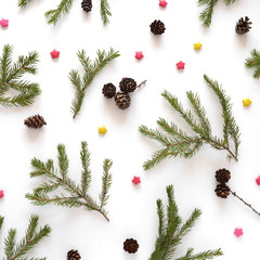 Wall Mural - Christmas background. Fir branches isolated on white background. Christmas tree, top view. Composition of fir branches, pattern. Christmas frame.