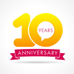 Wall Mural - 10 years anniversary communication logo. 10th year birthday logotype label, yellow vector number sign and pink ribbon isolated