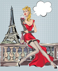 Sexy pin up woman sitting with glass of wine and bottle near Eiffel tower in Paris. Dreaming girl in red dress hand drawn vector illustration background