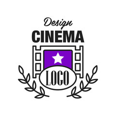 Sticker - Flat cinema or movie logo template design with retro filmstrip and laurel branches