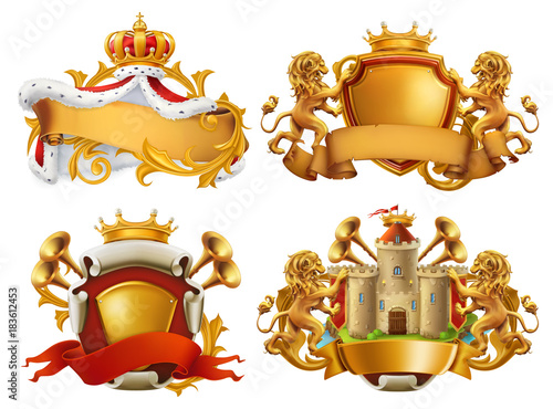 Coats of arms. King and kingdom. 3d vector emblem set