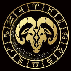 Aries zodiac sign on a dark background with round gold frame