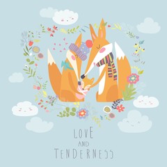 Wall Mural - Loving fox family as a shape of a heart. Mother, father and baby child.