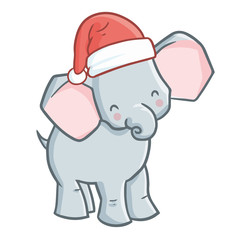 Wall Mural - Cute and funny grey elephant wearing Santa's hat for Christmas and smiling - vector.