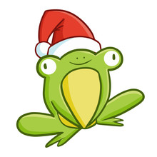 Funny And Cute Sitting Frog Wearing Santa's Hat For Christmas And Smiling - Vector.