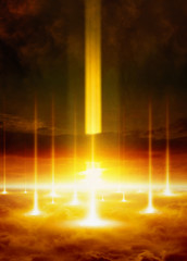 Wall Mural - end of world, judgment day, powerful glowing rays from space hits planet earth