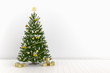 Christmas tree interior room with gold gift boxes. 3d illustration.