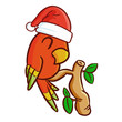 Cute and funny red parrot on branch wearing Santa's hat for Christmas and smiling - vector.