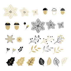 set of christmas elements for typographic design. leaves, branches, berries in black and gold colour