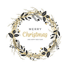 Christmas Wreath With Black And Gold Branches And Pine Cones. Unique Design For Your Greeting Cards, Banners, Flyers. Vector Illustration In Modern Style.