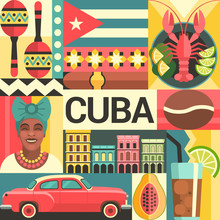 Cuba Travel Poster Concept. Vector Illustration With Cuban Culture And Food Icons, Including Maracas, Retro Car, Dish With Lobster, Architecture And Portrait Of Cuban Woman In Trendy Flat Style.