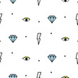 Doodle hipster lightning, eye and diamond seamless vector pattern. Simple outline style flash power background.