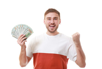 Poster - Happy young man with banknotes on white background