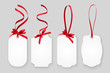 © Kateina - Vector white empty paper name tags, greeting cards or coupons with red shiny ribbons isolated on grey background
