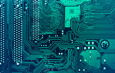 Poster - Circuit board. Electronic computer hardware technology. Motherboard digital chip. Tech science background. Integrated communication processor. Information engineering component.