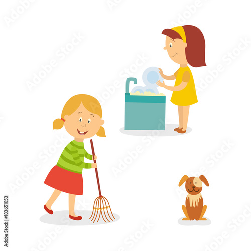 Vecotr Flat Kids Doing Household Chores Set Girl Washing Dishes