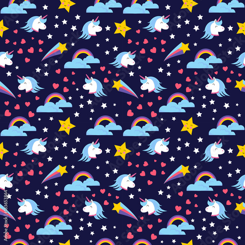 Cotton fabric Abstract seamless girlish unicorn pattern for girls.Creative vector background with unicorn, hearts, stars.Funny wallpaper for textile and fabric.Fashion unicorn style.Colorful bright print