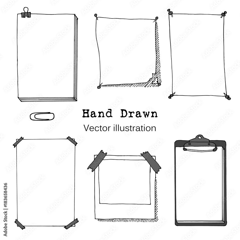 Hand drawn cartoon vector set of paper sheet, folder, sticky note ...
