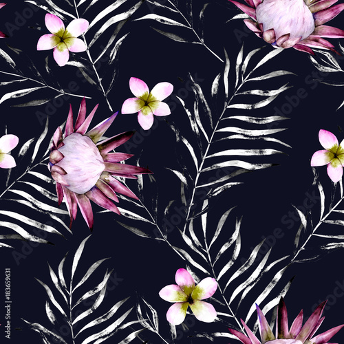 Watercolor african protea and tropical leaves pattern. Seamless motif with pa...