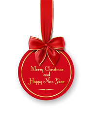 Wall Mural - round christmas banner with red and gold ribbon and bow, vector illustration