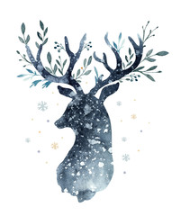 watercolor closeup portrait of cute deer. isolated on white background. hand drawn christmas illustr